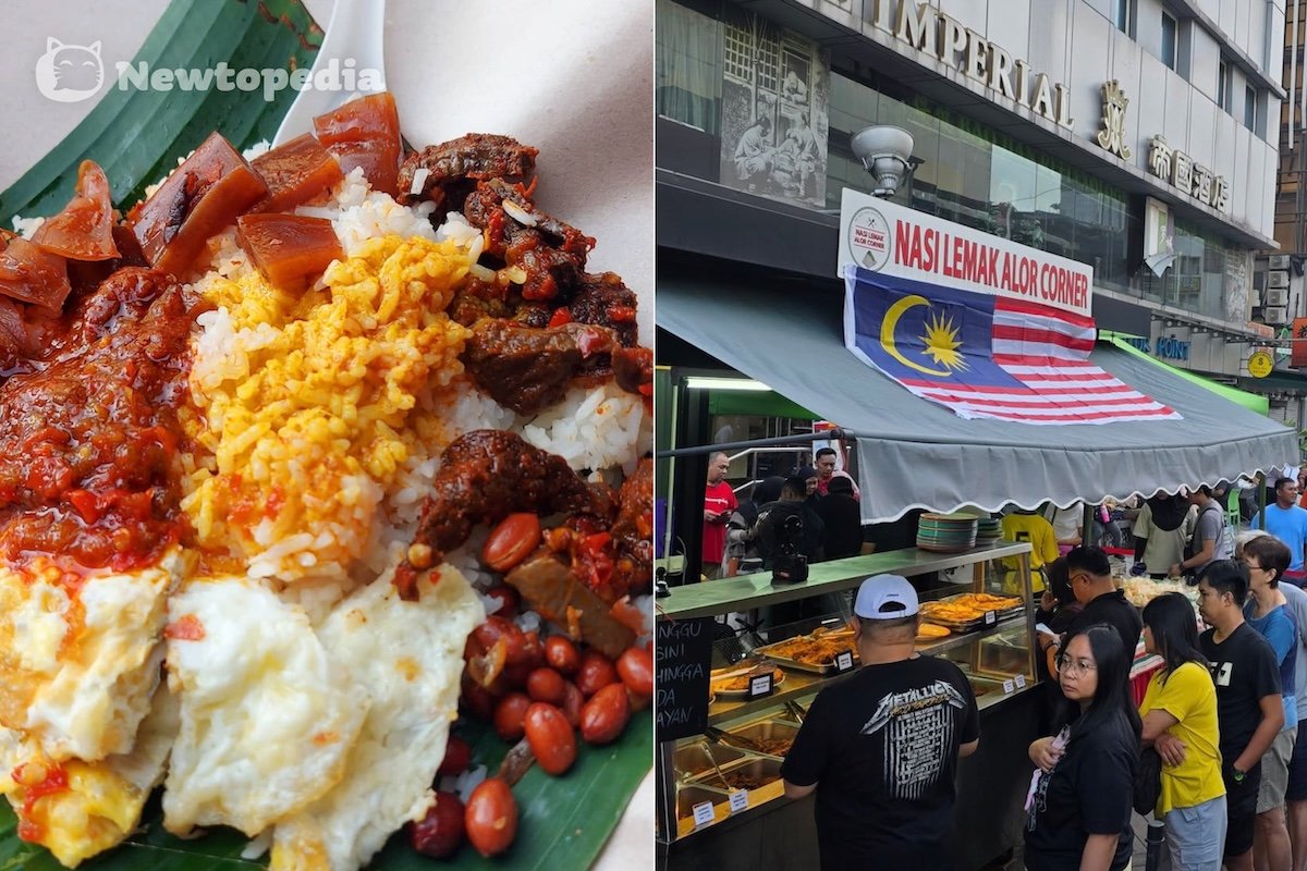 Nasi Lemak Alor Corner Bukit Bintang plate with sambal, anchovies, peanuts and fried egg next to the busy stall at Jalan Alor