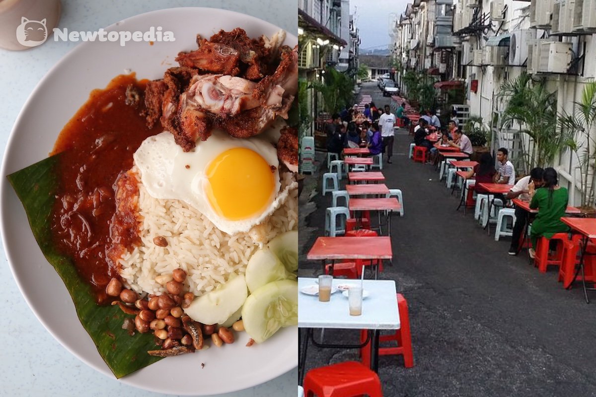 Nasi Lemak Bumbung Seapark Petaling Jaya plate with fried chicken, sambal and peanuts alongside the iconic alleyway dining tables