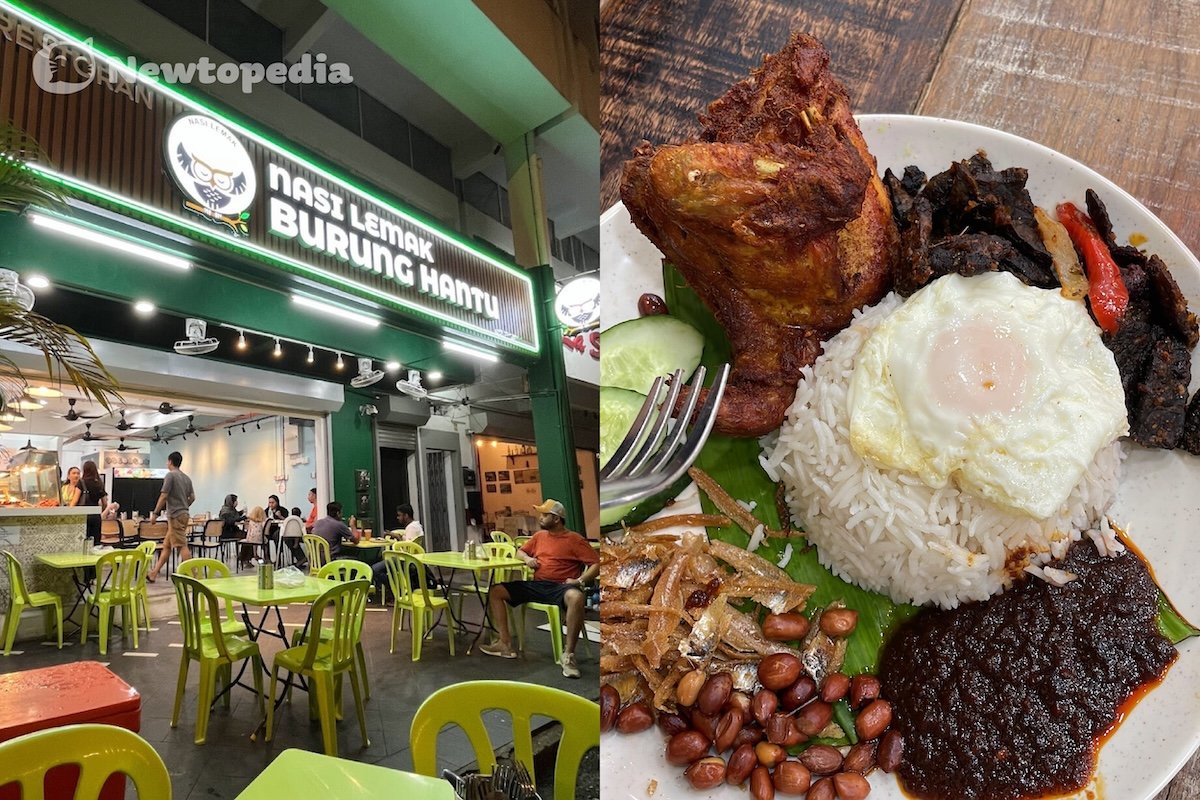 Nasi Lemak Burung Hantu TTDI storefront and late-night plate with fried chicken, rendang, fried egg, sambal and ikan bilis