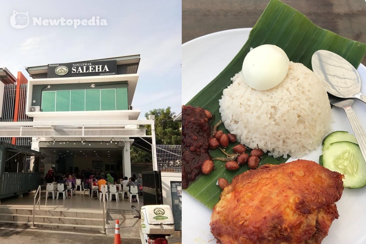 Nasi Lemak Saleha Sri Rampai restaurant exterior and banana leaf plate with coconut rice, fried chicken, boiled egg, peanuts and sambal