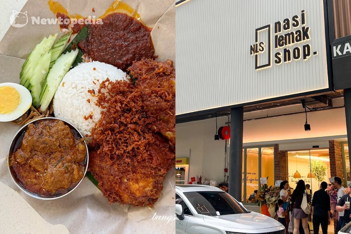 Nasi Lemak Shop Bandar Utama PJ storefront and plate with crispy ayam goreng berempah, rendang, coconut rice and kerak crispy bits