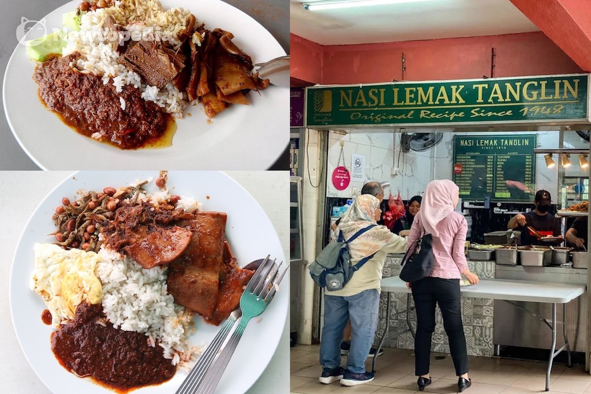 Nasi Lemak Tanglin Tasik Perdana since 1948 original recipe stall with plates of rendang, fried egg, sambal and coconut rice