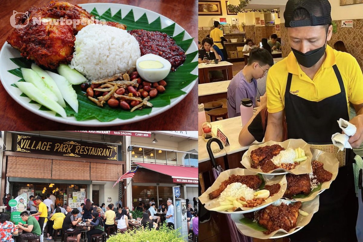 Village Park Restaurant Damansara Uptown nasi lemak with crispy ayam goreng berempah, sambal, peanuts and anchovies alongside the busy storefront